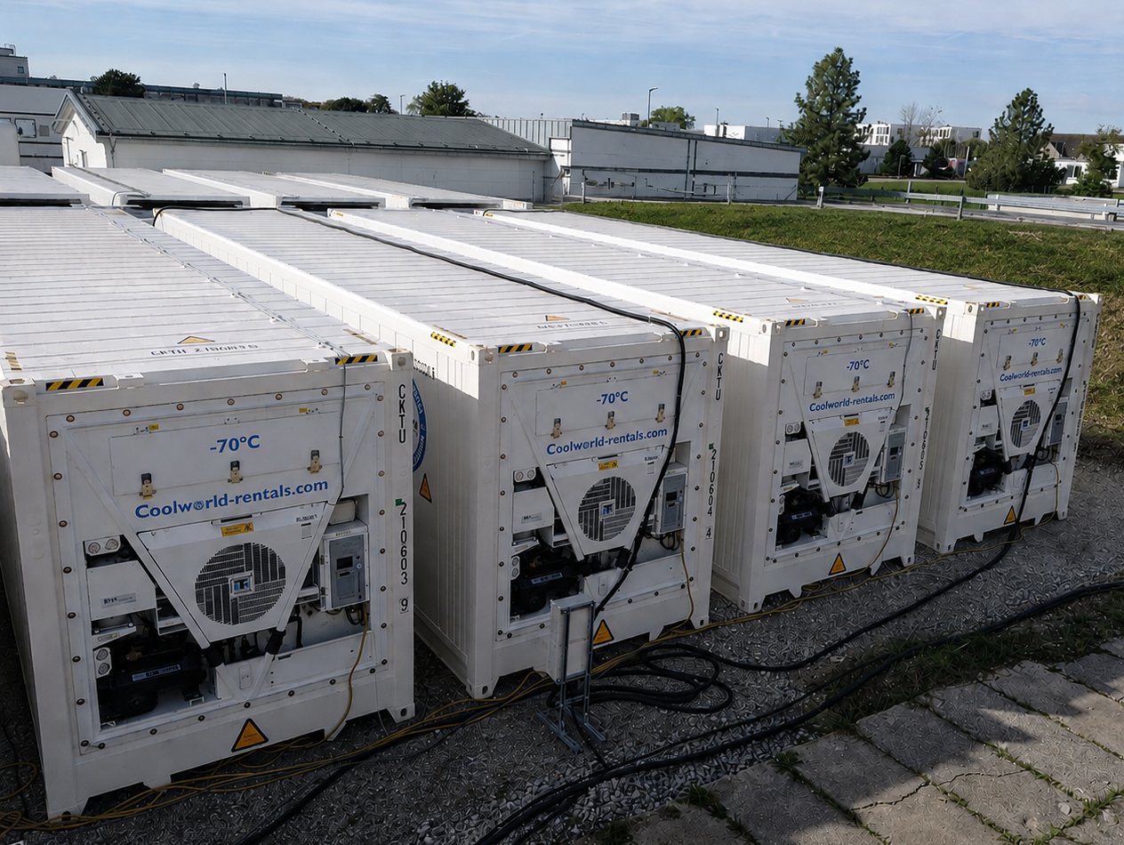 Mehrere weiße Super freezer mit -70°C Kühlaggregaten in einer Reihe auf einem Außengelände